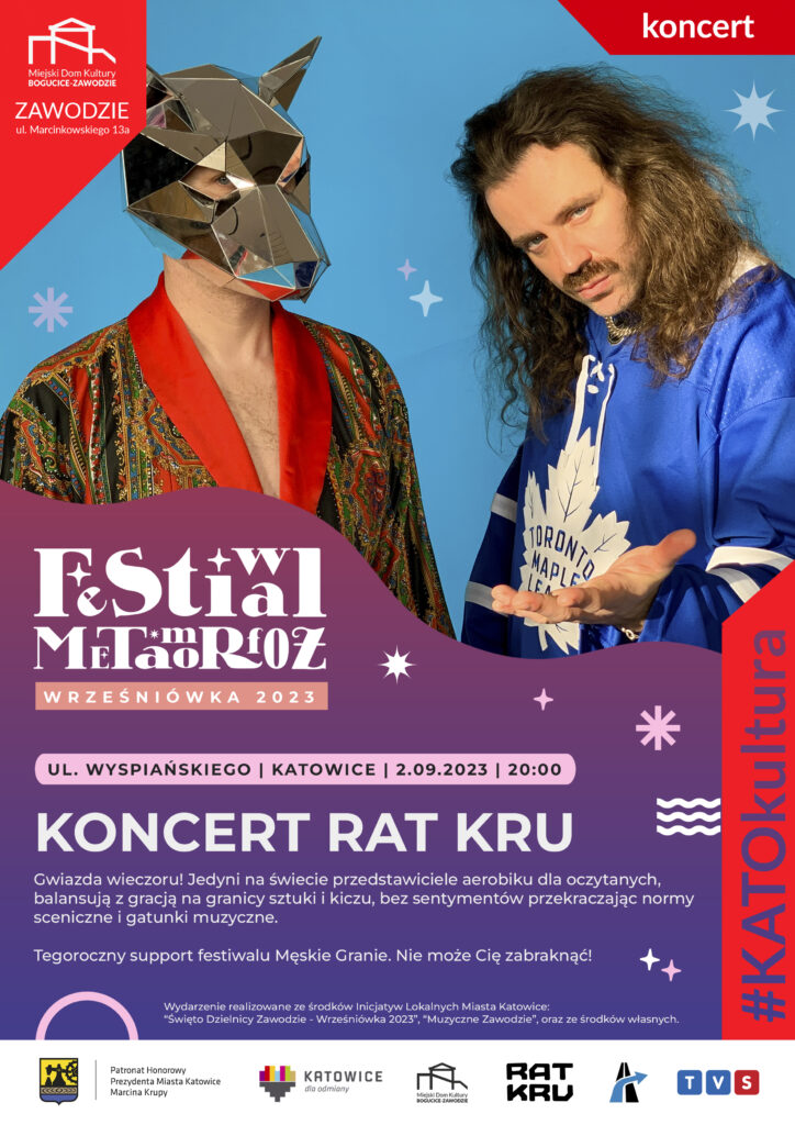 Plakat promujący inicjatywę lokalną Muzyczne Zawodzie - koncert Rat Kru. Wszystkie informacje zostały powtórzone w treści wpisu. 