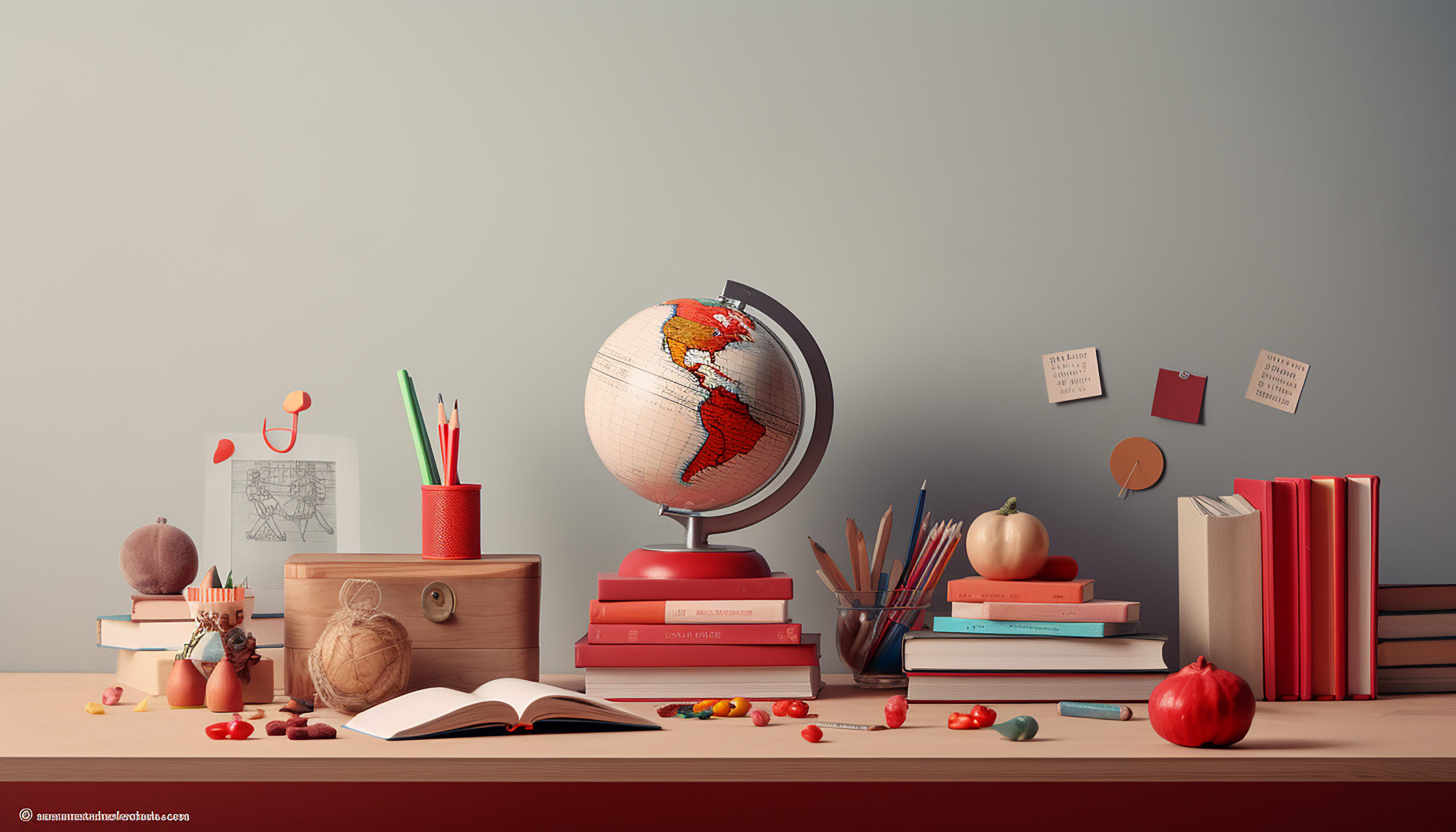 Grafika przedstawiająca atrybuty szkolne w kolorystyce biało czerwonej takie jak globus, ksiazki, olowki itp na czerwonym blacie biurka przy szarej scianie