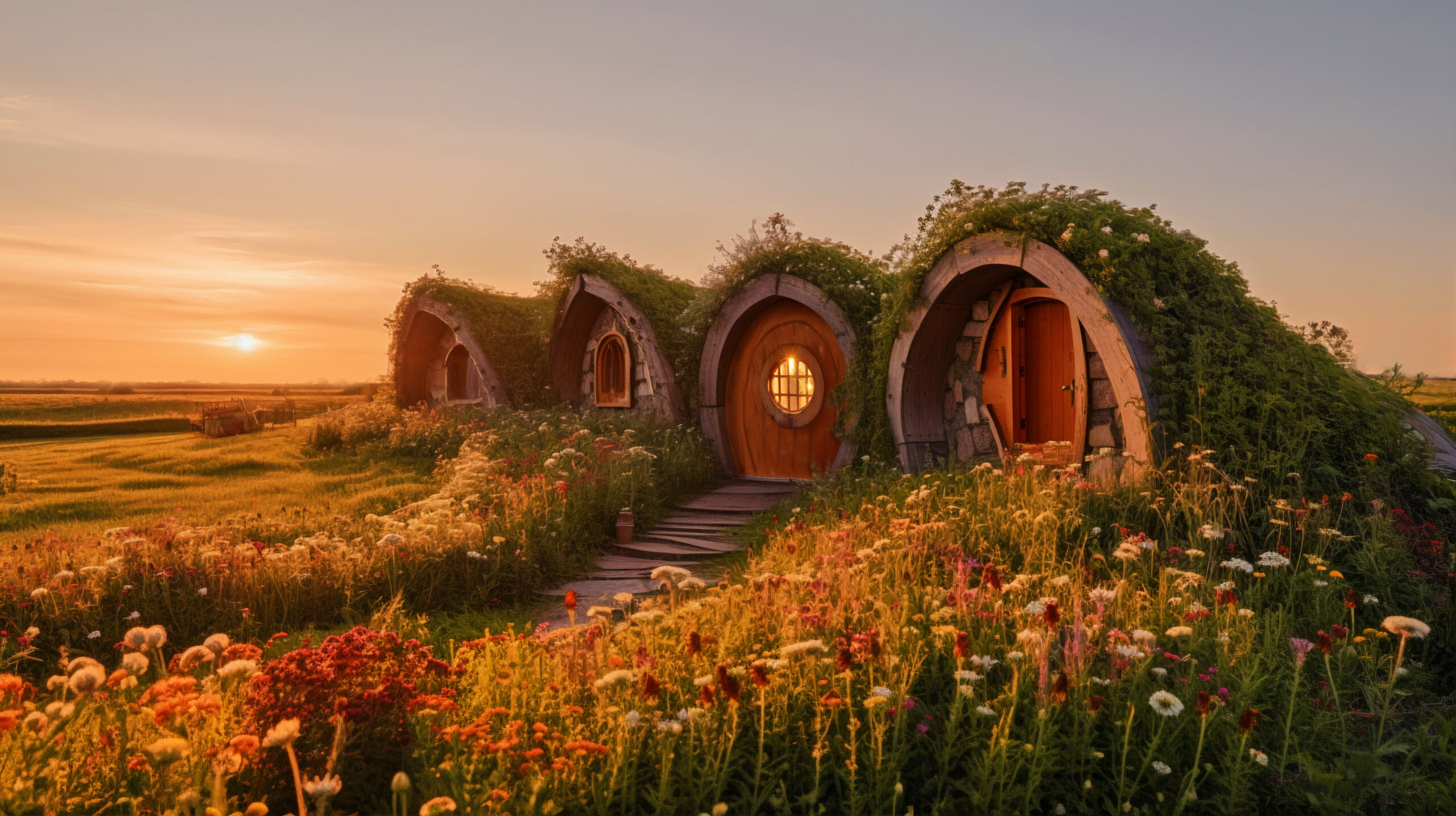 Grafika przedstawiające domy opisane przez Tolkiena jako siedziby hobbitów.
