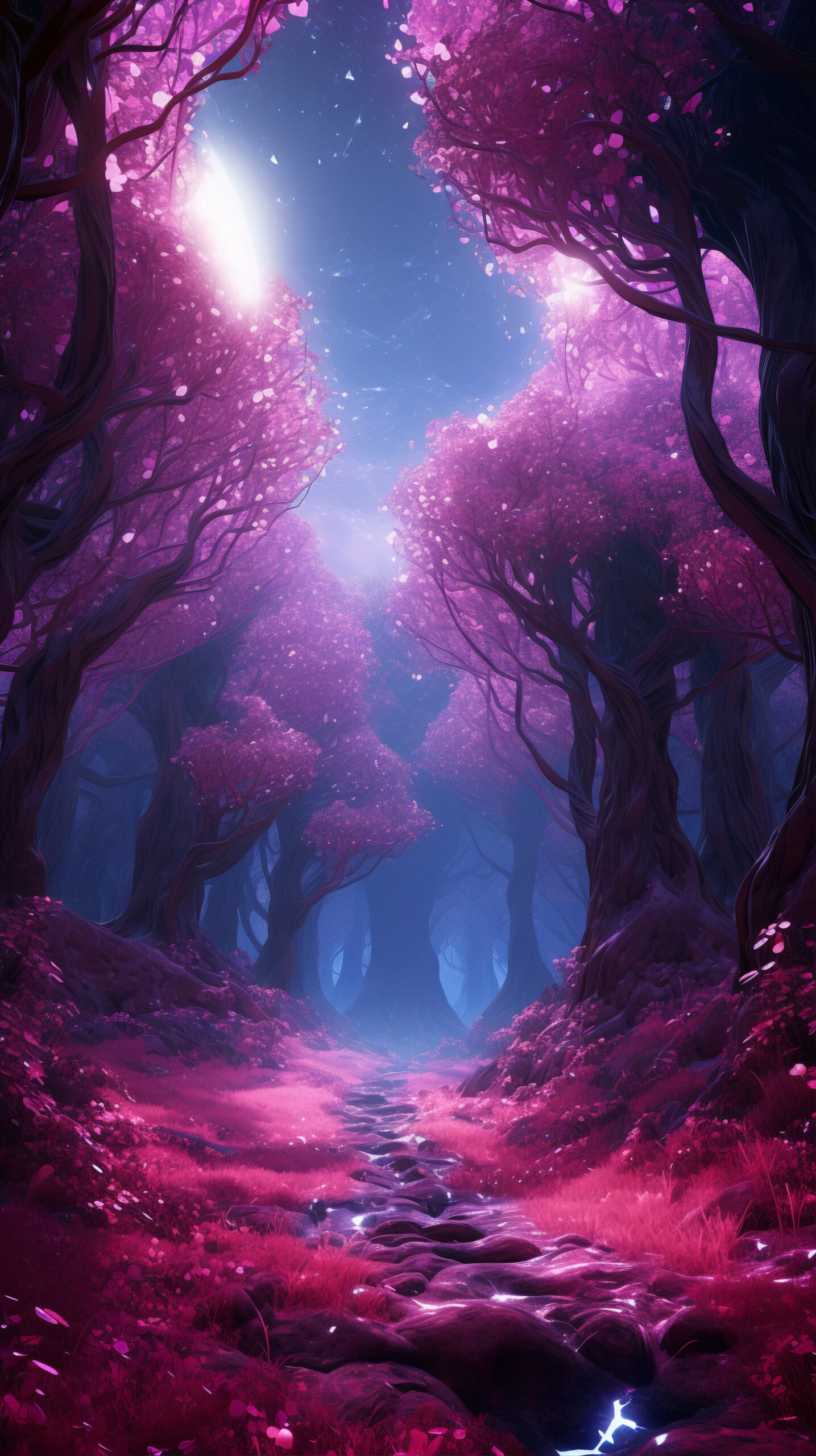 Grafika. Zaczarowany fioletowy las, w środku kompozycji ścieżka w odcieniach różu. Z lewej strony zza drzew wyłania się nocne niebo i księżyc.