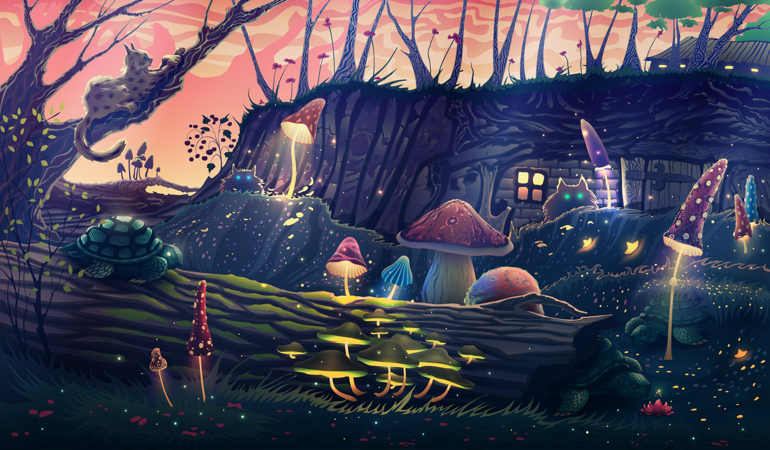 Ilustracja zaczarowanego lasu w jaskarawych fluorescencyjnych kolorach przedstawiono maly domek oraz porastajace go grzyby.