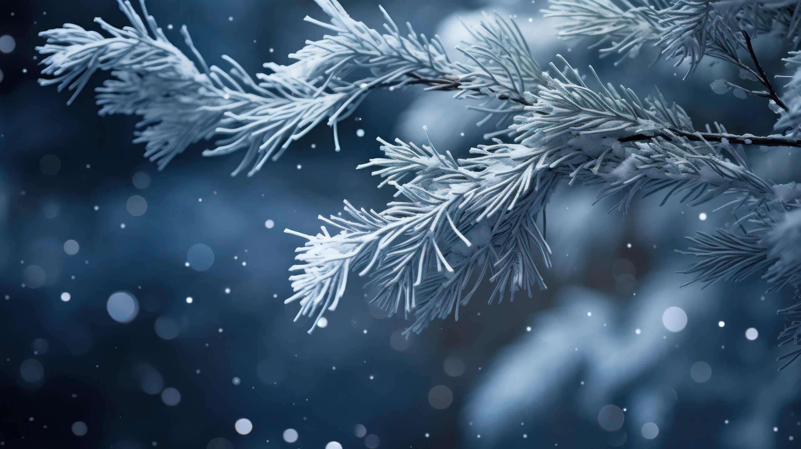 Zdjęcie: zbliżenie na gałązkę choinki pokrytą śniegiem. Zdjęcie utrzymane w niebieskiej kolorystyce.