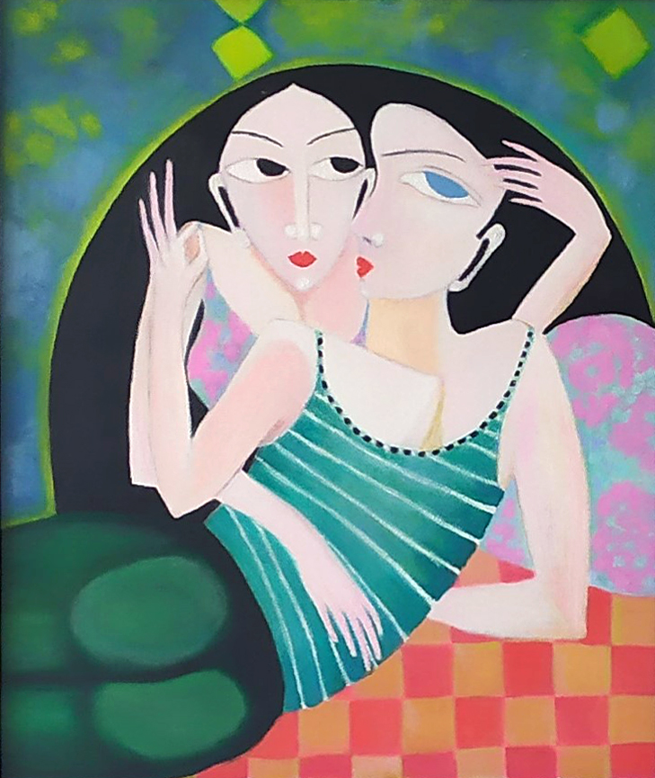 Obraz Jadwigi Michty, przedstawiający dwie przytulone kobiety. Obraz ma żywe kolory. Nie jest realistyczny.
