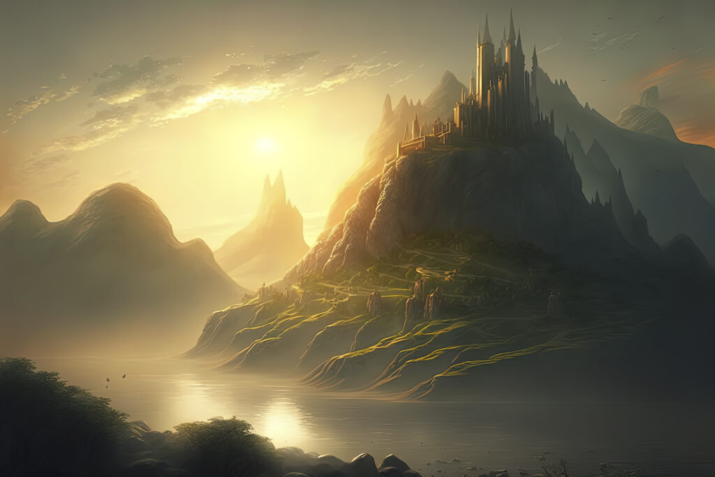 Ilustracja: magiczna górska kraina nad którą zachodzi słońce. Na najwyższej górze stoi twierdza o 2 wieżach.