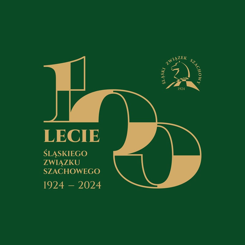 Na zielonym tle jasny napis: 100lecie Śląskiego Związku Szachowego 1924-2024. W górnym prawym rogu logo związku - nazwa wpisana w koło, w środku koła stylizowany skoczek szachowy. 