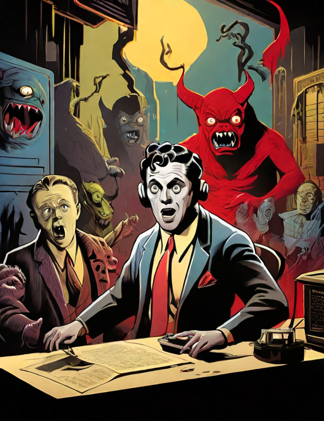 Ilustracja, w stylu retro, na której mężczyzna elegancko ubrany prowadzi audycje radiowa, a za nim stoją demony, diabły i potwory.