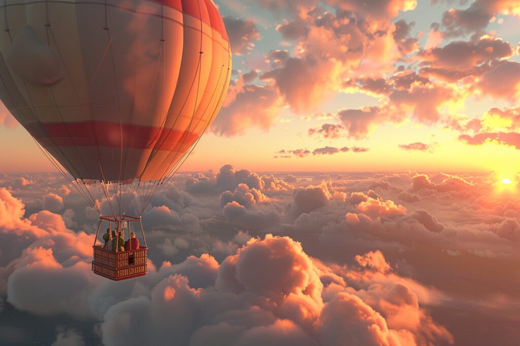 Zdjęcie balonu na gorące powietrze do latania, podróżującego w chmurach o zachodzie słońca