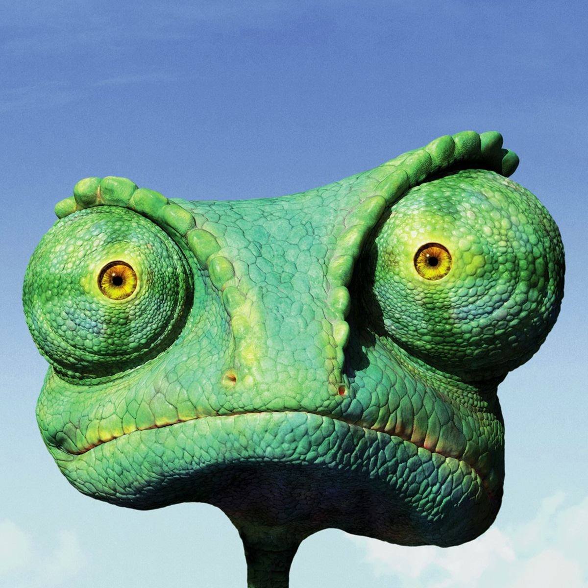 Na niebieskim tle głowa rysunkowego zielonego kameleona.