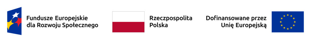 Na białym tle logotypy: Funduszy Europejskich dla Rozwoju Społecznego: czerwona, żółta i biała gwiazda na granatowym prostokącie, flaga Polski oraz flaga Uni Europejskiej. 