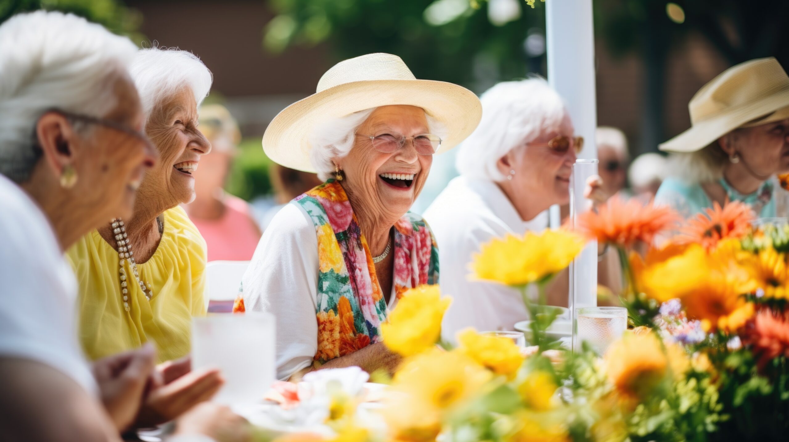Zdjęcie trzeh seniorek siedzących przy stole podczas zabawy w ogrodzie.