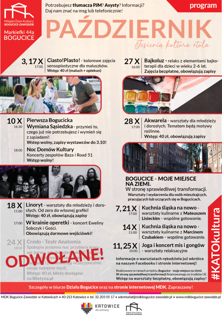Plan na październik. Grafika z czerwoną ramką, w środku zdjęcia: ludzi przy straganie, zespołu muzycznego, farb akwarelowych i kamienicy bogucickiej, pomiędzy teksty na pomarańczowym tle. Treść powtórzona w poście.