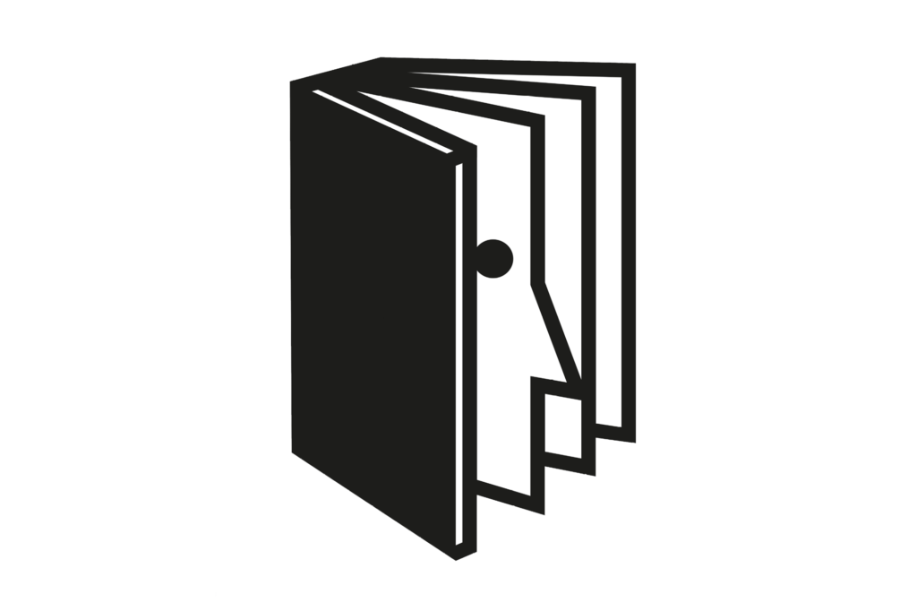 Na białym tle czarny logotyp Żywej Biblioteki: schematyczna uchylona książka stojąca bokiem, pierwsza kartka ma kształt ludzkiego profilu.