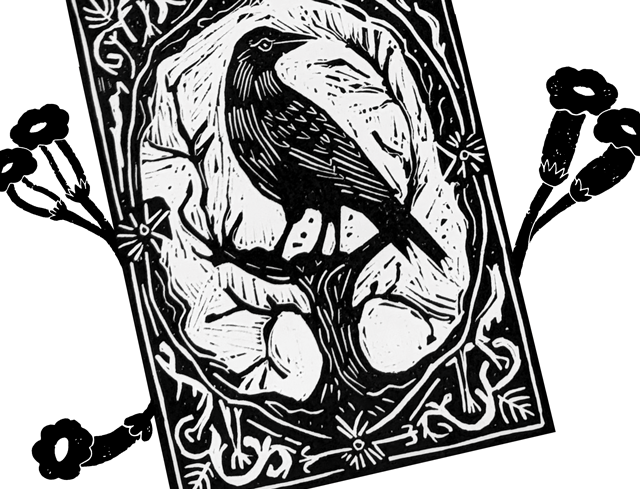 Grafika: czarno-biały linoryt z ptakiem na gałęzi w owalnej ramce, dookoła uproszczone kielichy kwiatów. Praca z ptakiem wykonana na zajęciach w MDK.