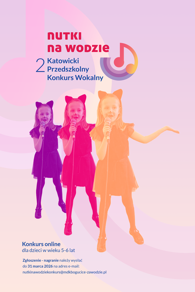 Grafika - na różowym tle powtórzona trzy razy sylwetka dziewczynki z mikrofonem w kolorze pomarańczowym, różowym i fioletowym.