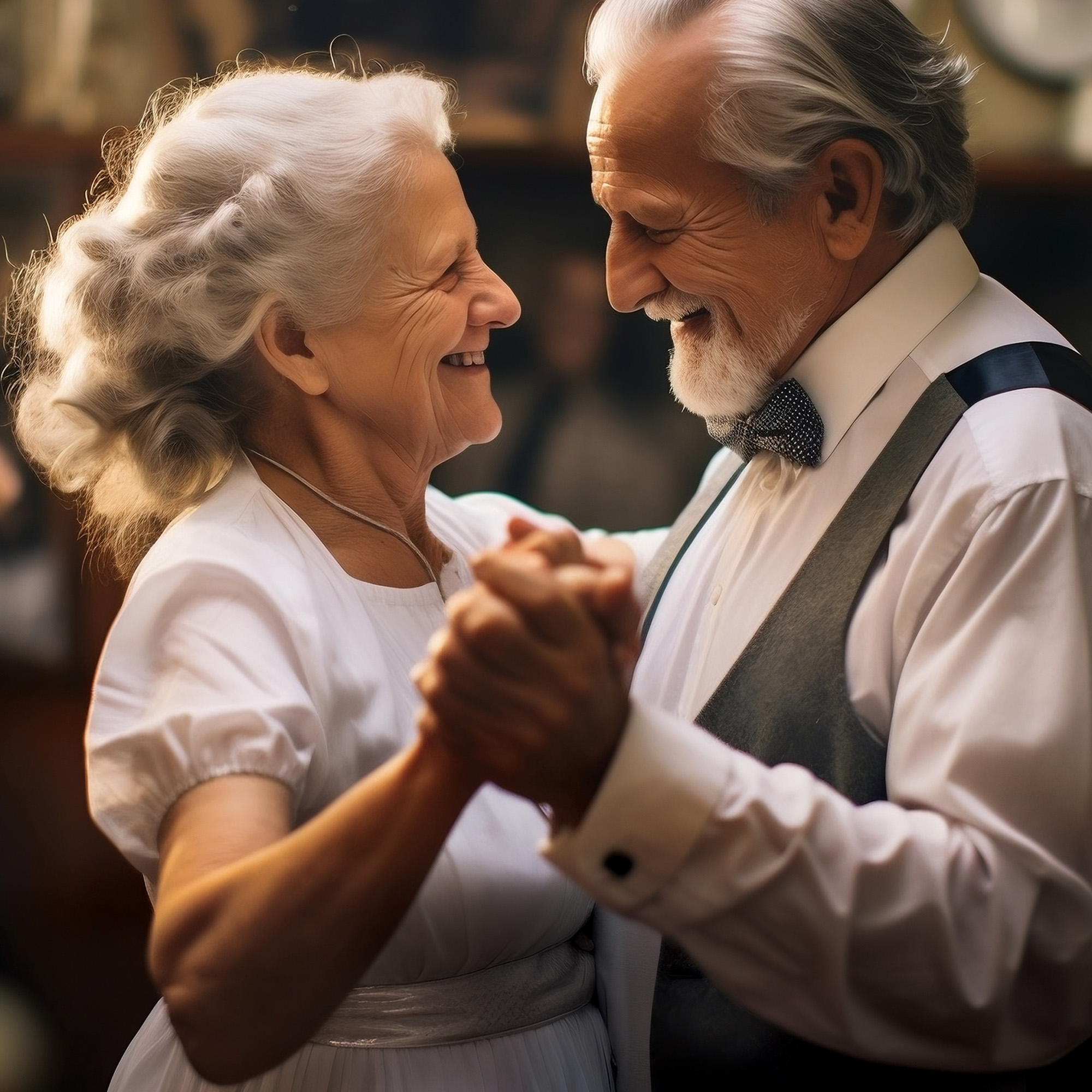 Para seniorów tańczą trzymają się za ręce