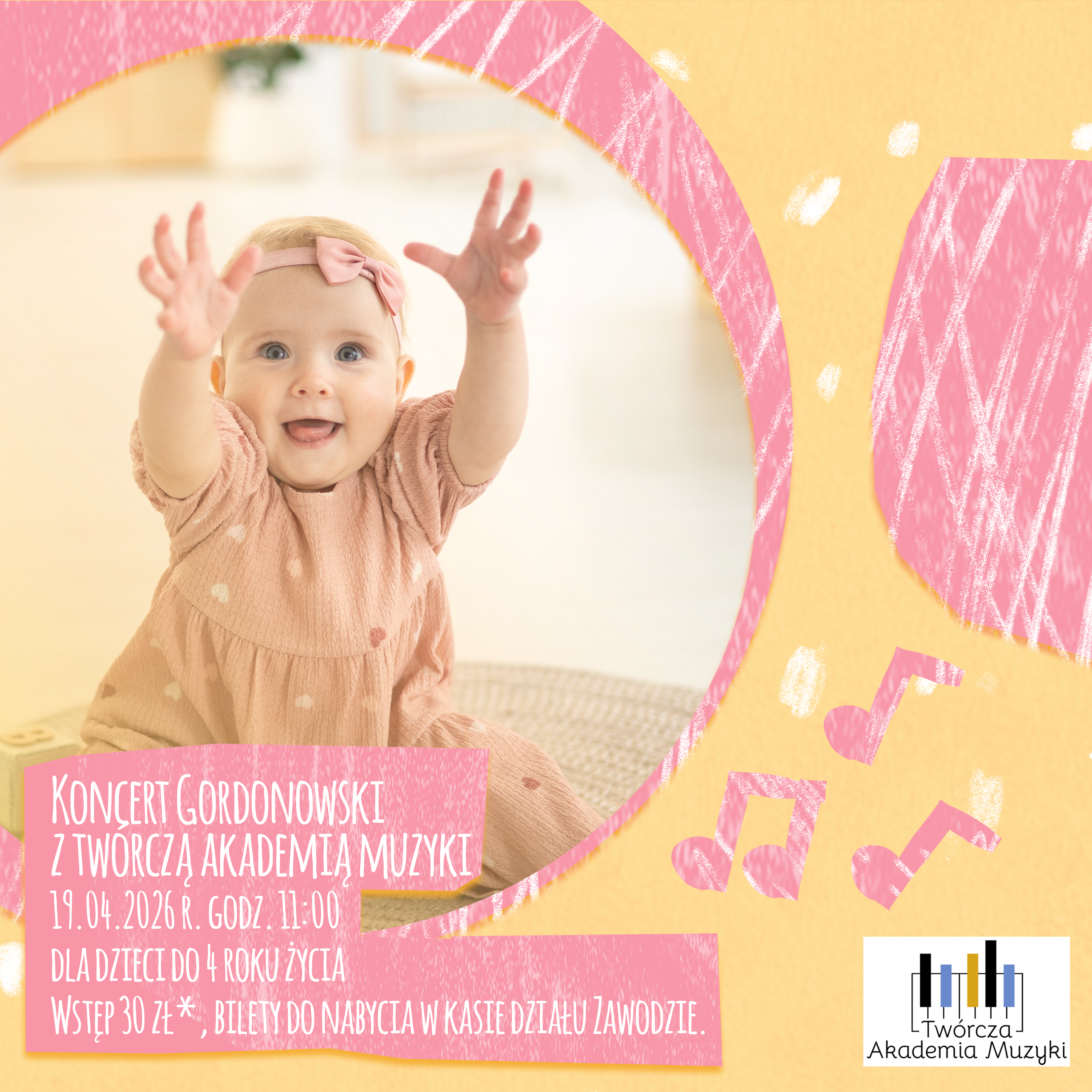 Grafika przedstawiajaca dziecko, zaproszenie na koncert gordonowski