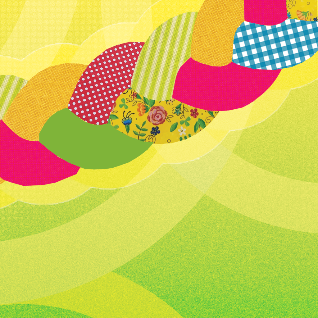 Grafika: na zielonym tle, w górnym lewym rogu uproszczony kształt plecionki-warkocza. Składa się z plam kolorów i wzorów.