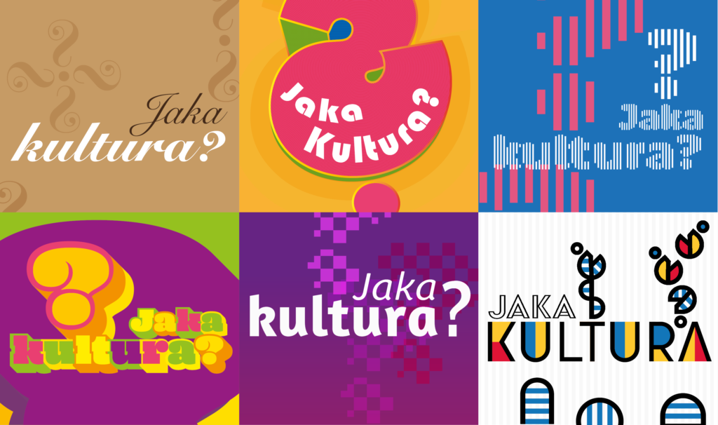 Pozioma grafika, podzielona na 6 pól. W każdym z nich pytanie: "Jaka kultura?" w innej wersji graficznej. Górny rząd: elegancki napis na brązowym stonowanym tle, następnie biały napis wpisany w różowy rysunkowy znak zapytania, na żółtym tle; obok na niebieskim tle białe napisy rozpixelowane i niewyraźne. W rzędzie poniżej: na fioletowym i zielonym tle komiksowe różnokolorowe litery i duży znak zapytania; obok na fioletowym tle prosty nowoczesny napis i pikselowe wzorki w tle; obok na białym tle geometryczne litery wypełnione plamami czerwieni, żółci i żółtego, w stylu obrazów abstrakcyjnych.