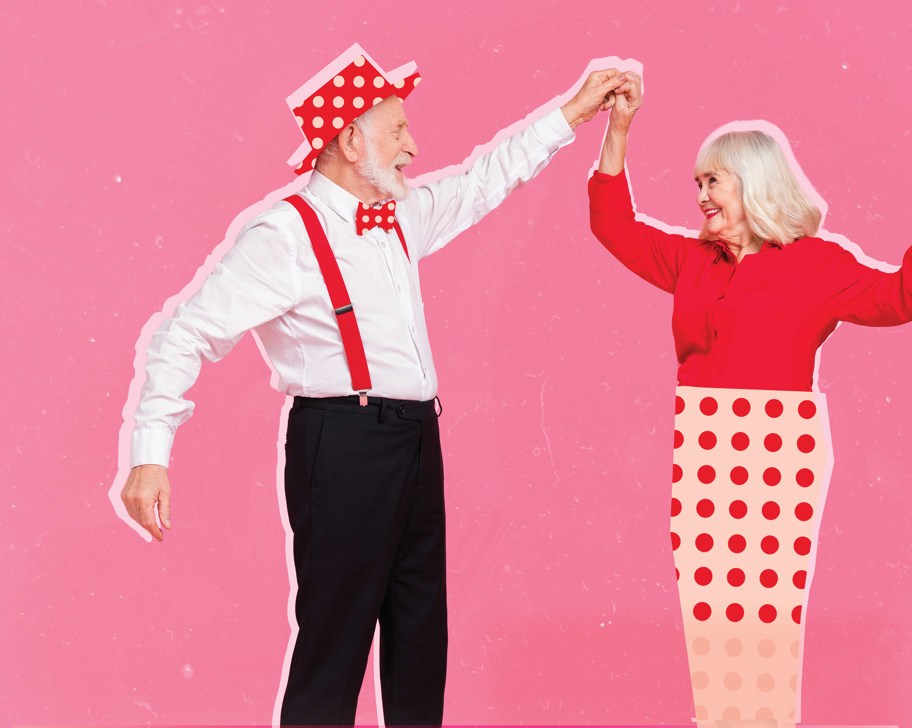 Grafika w tle plakatu: na różowym tle w tanecznej pozie para seniorów. Pan ma siwą brodę i wąsa, ubrany jest w czerwony kapelusz w kropki, białą koszulę, czarne spodnie, czerwone szelki i czerwoną muchę w groszki. Pani ma siwe włosy do ramion, ubrana jest w czerwoną bluzkę i jasną spódnicę w czerwone kropki.